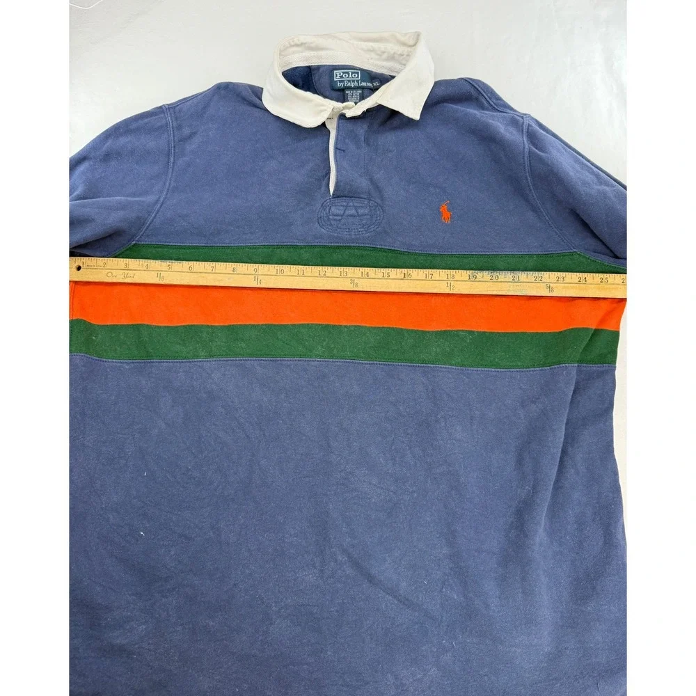 Polo Ralph Lauren Mens XL Rugby Shirt Long Sleeve Navy Blue Green Orange Stripe